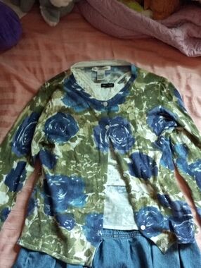 Susan Bristol Blue And Green Rose Button-Front Sweater